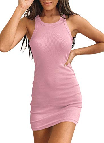 Samefar Robe Courte Moulante Basique sans Manches à Encolure dégagée et côtelée, A Rose, Taille XS