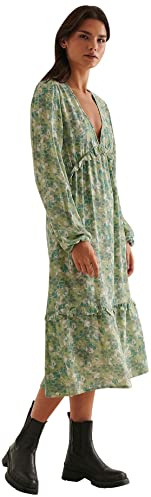 NA-KD Damen Ballonärmel Midi Rüschen Kleid Casual, Grün/Blumen, 32