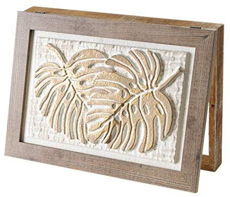 D,casa - Quadro copricontatore con Rilievo esotico in tela bianca e naturale, 50 x 6 x 35 cm - Foglie Rilievo