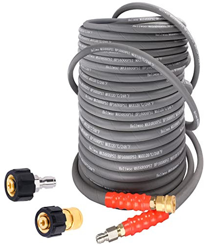 Heliwoo Hochdruckreiniger-Schlauch 30 mx0.9 cm, 4800 PSI für kaltes und heißes Wasser, max. 120 °C, mit 3/8 Zoll Schnellverbindung, geflochten, M22 schwenkbar auf 3/8 Adapter apter set 2 Stück