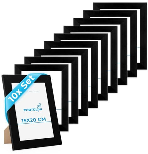 PHOTOLINI Bilderrahmen 15x20 Schwarz Holz MDF, 10er Set breite Bilderrahmen schwarz 20x15, Picture Frame mit Acrylglas, Bilder Rahmen 15 x 20 cm zum Aufhängen & Aufstellen, Rahmen 15x20 mit Zubehör