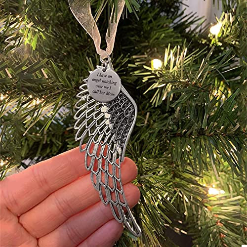 BTORER Christmas Memorial Baubles, “I Have An Angel Watching Over Me” Round Shape Design Angel Wings Shaped Pendants Christmas Tree Ornaments Ribbon Hanging Decoration