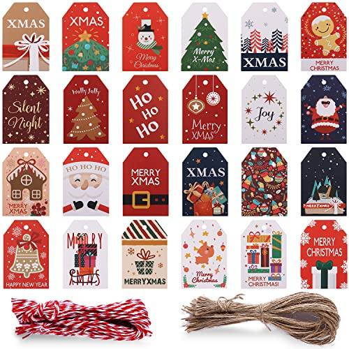 TOYMIS 96 Stück Weihnachtsgeschenkanhänger mit Schnur Weihnachtsanhänger Geschenkanhänger Kraftpapier Etiketten Tags mit Weihnachtsbaum Weihnachtsmann Glocken Schneemann für Urlaub Festival (24 Stile)