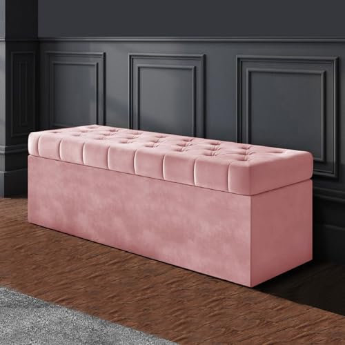 R&M Furnishers SD Chesterfield Ottoman Storage Box – Pink Plush Velvet Storage ottoman- Ottoman Footstool with Storage - Chesterfield Upholstered Coffee Table- End of Bed Storage Bench
