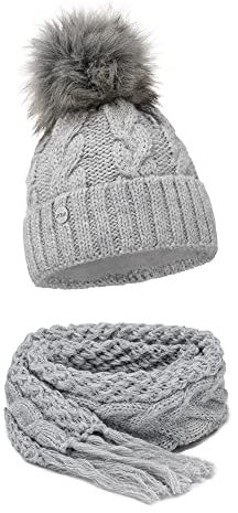 ELIMELI® Winter Mütze Schal Set Damenmütze mit Fell-Bommel Fleece Innenfutter - 2-teilig Damen Winterset - Wintermütze und passender Schal Damenschal- Strickmütze gefüttert (Grau - Mütze mit Schal)