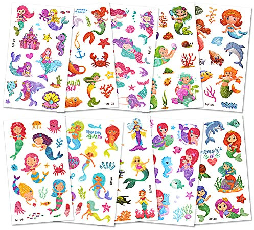 AOOWU Glitzer Tattoo Set Kinder, 10 Blätter Meerjungfrau Glitzertattoos Mädchen, Wasserdichte Kinder Tattoo Aufkleber Junge, Temporäre Kindertattoos für Party Deko Geschenke Mitgebsel Kindergeburtstag