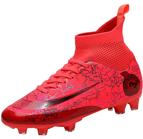 VTASQ Boys' Football Boots Kids Girls Turf High Top Spikes Non-Slip Junior Soccer Shoes Sports Shoes Soccer Athletics Training Shoes Outdoor Sneakers for Unisex Red 2UK