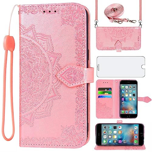 Asuwish Handyhülle für iPhone 6 Plus/6s Plus Hülle mit Band und Glas Folie Schutzfolie Kartenfach Klappbar Leder Geldbörse Ständer iPhone6sPlusHülle i 6Plus 6sPlus S S6 + 6+ 6s+ Phone Case Roségold