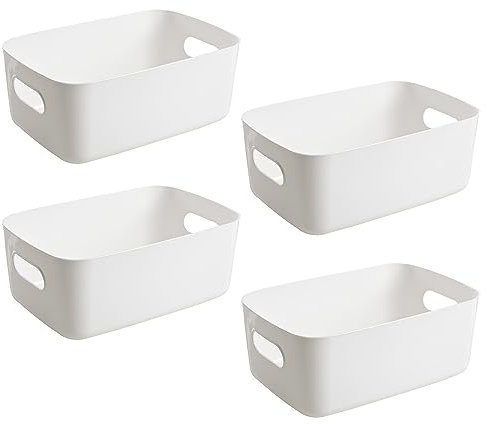 Cajas Organizadoras de Plastico, 4 Piezas Cajas Almacenaje Cocina, Cesta Plastico, Cestas Almacenaje Baño, Blanco Caja Almacenaje Plastico, Cestas Organizadoras Apto para Snacks Cosméticos Juguetes