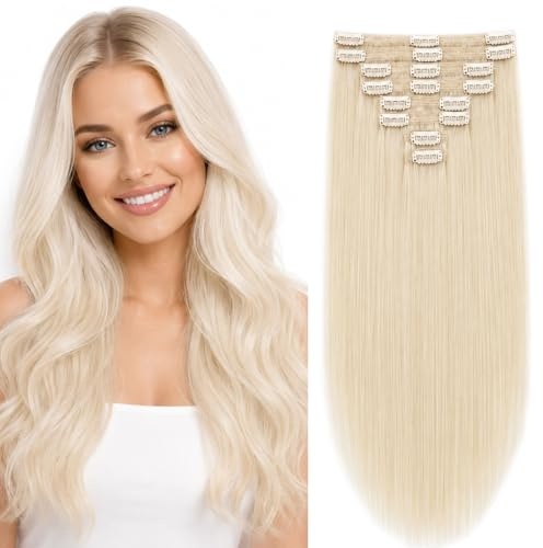 Elailite Hair Extensions Real Human Hair Clip in Blonde Thick Double Weft Remy Natural Hair - 8 Pieces Full Head Straight - #70 Bleach White - 24 Inch (170 g)