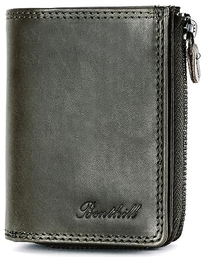 Benthill Kleine Geldbörse Echt Leder | Damen & Herren Geldbeutel mit RFID Schutz | 7 Kartenfächer | Slim-Wallet inkl. Geschenkbox, Farbe:Olive - Grau
