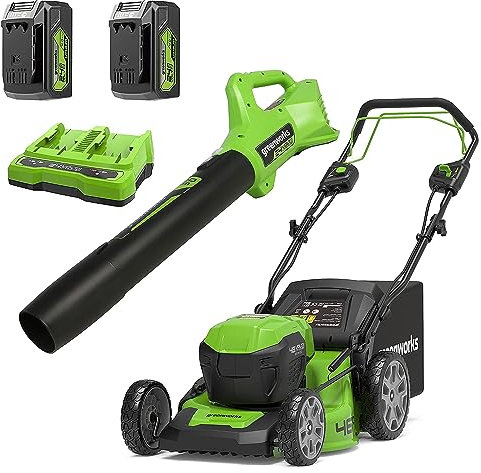 Greenworks Tosaerba a batteria semovente + soffiatore (145 km/h, 9,08 m³/min) per superfici fino a 480 m², larghezza di taglio 46 cm, sacco da 55 litri più due batterie da 24 V (equivalenti a 48 V) 4