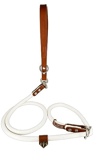 Hundeleine mit Halsband, 2 in 1, Baumwolle und Leder, für kleine, mittlere und große Hunde. Weiß&Cognac