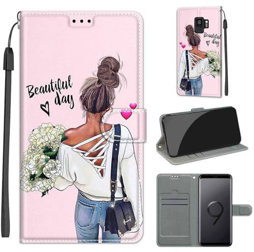 Handyhülle für Samsung Galaxy S9, Mädchen | Premium Leder Flip, Klappbar, Stoßfest, Magnetisch, Standfunktion, Kartenfächer, Wallet Handyhülle