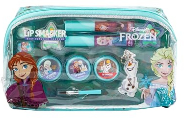 Lip Smacker Frozen Essential Makeup Bag, Frozen Makeup Set for Girls with GlossyLipGloss, BrightEyeShadows, MakeupApplicators, and Accessories for a DisneyPrincess Look
