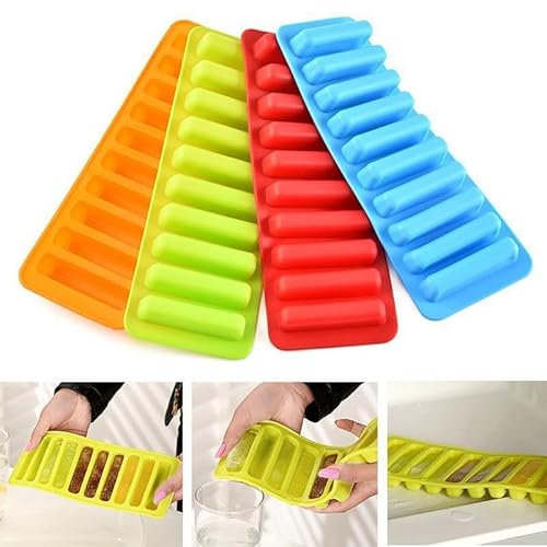 Boolavard Set of 4 Silicone Narrow Ice Stick Cube Trays with Easy Push and Pop Out Material, Ideal for Sports and Water Bottles, Assorted Bright Colours