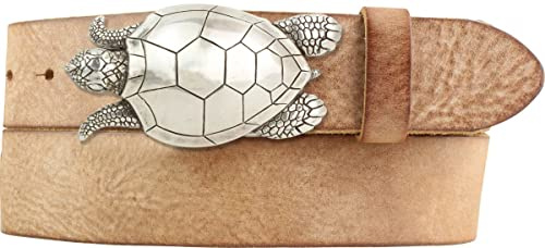 BELTINGER Gürtel mit Schildkröte-Gürtelschnalle aus weichem Vollrindleder 4 cm Used-Look | Druckknopf-Gürtel mit Schildkröten-Buckle 40mm | Vintage-Look