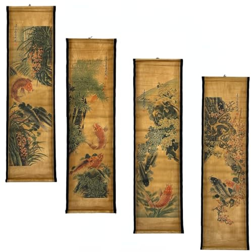 4 Teile/satz Wand Scroll Hängende Malerei Dekor Fisch Blume Fengshui, Alte Gemälde Replik Asien Traditionelle Kunst, Anziehen Reichtum Vier Jahreszeiten