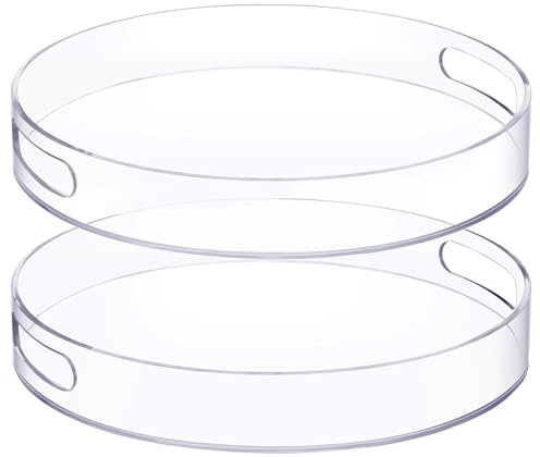 Menkxi Rundes Tablett aus Acryl, 30,5 cm, mit Griffen, stabil, transparent, rund, Serviertablett für Küche, Badezimmer, Schminktisch, Couchtisch, Ottomane, Lebensmittel, Tee, Snacks, 2 Stück