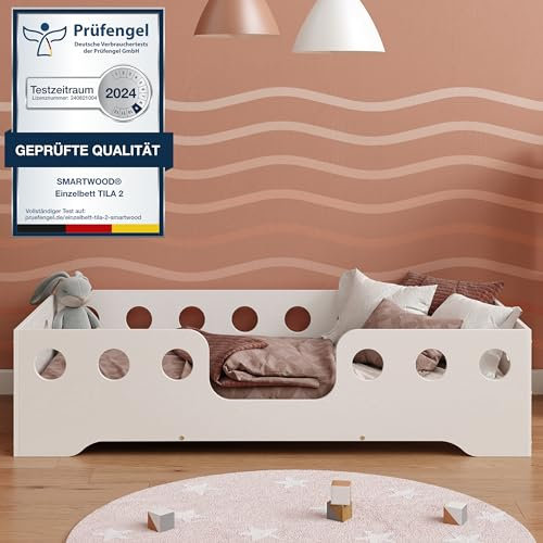 smartwood TILA 4 Kinderbett 80x180 mit Lattenrost und Rausfallschutz - Holz Kinderbett für Jungen & Mädchen, vielseitiges Montessori Bett mit Rausfallschutz und Lattenrost 180x80 cm - Weiß