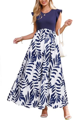 OUGES Robe d'été Robe Longue Longue à Volants pour Femme, Robe d'été élégante avec Poches