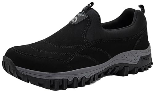 AEHO Chaussure pour Pied Gonflé de Marche Homme sans Lacets Baskets de Randonnée en Plein air orthopédiques à Enfiler en Cuir Suédé Chaussures de Trail Antidérapantes et Large,Noir,41/255mm