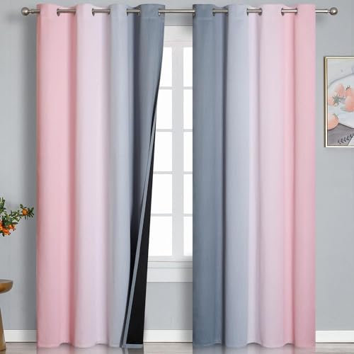 HRBK Gardinen Blickdicht grau-rosa Farbverlauf Verdunklungsvorhänge Schallschutz Vorhang Wohnzimmer füR Wohnkultur Schlafzimmer VorhäNge B 140 x H 245 cm 2er Set