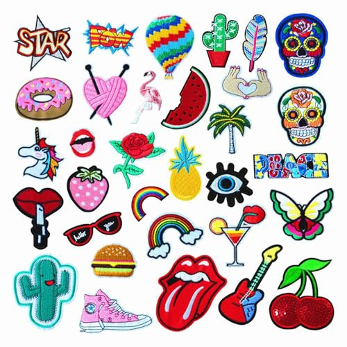 Yosugar Patches zum Aufbügeln,bügelflicken kinder,Bügelbilder Aufnäher,Sewing Applique Bügelflicken Patches für T-Shirt Jeans Kleidung Taschen (32Stk Ferien-Themen)
