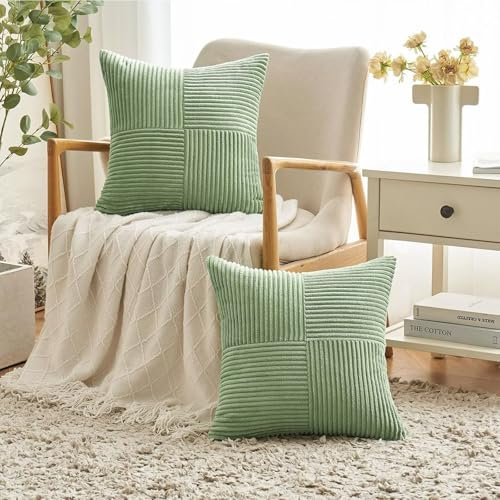Bettschlange Kissenbezug 40 x 40 cm, 2er Set Kordsamt Kissenbezüge, Kissenhülle Dekokissenbezug Zierkissenbezug Dekokissen Sofakissen für Sofa Schlafzimmer Wohnzimmer Balkon Sessel,Erbsengrün