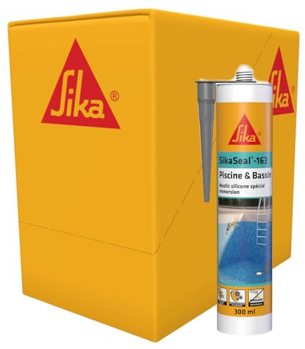 SIKA - Mastic silicone spécial immersion - SikaSeal-163 Piscine & Bassin, Gris - Joints de piscines et zones immergées - Résistant au chlore - Carton de 12 cartouches de 300ml