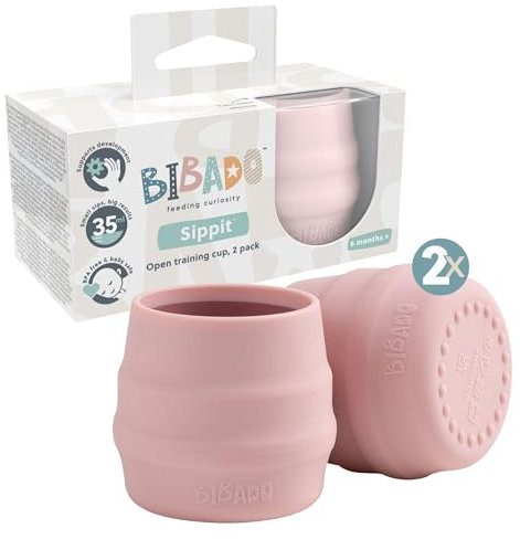 BIBaDO - Sippit Silicone Baby Cup, Blush (2-Pack) - Open Training Silicone Cups - Soft, Non Slip Grip, Weighted Base - Durable, Dishwasher Safe, BPA Free - Toddler Cups - Baby Essentials - 6 Months+