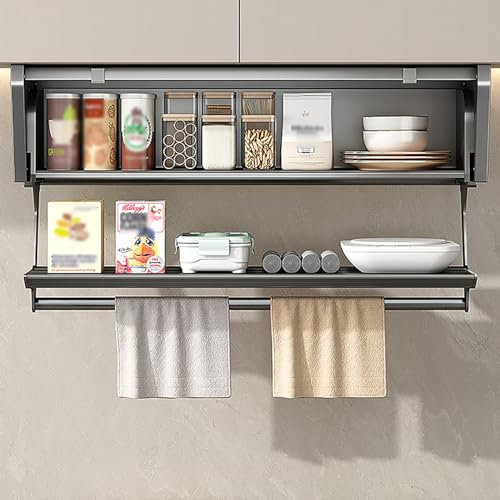 ZXFNVXC Ausziehbarer Wandschrank-Aufbewahrungsorganizer, 2-stufiges ausziehbares Geschirr- und Gewürzregalsystem, ausklappbare Regalhalterungen für Gewürzgläser, Flaschen und Shaker,Gris-50cm/19.7in