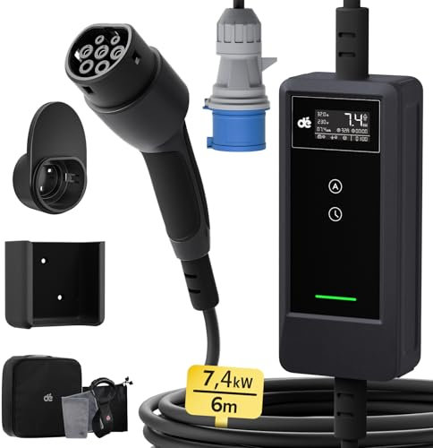 dé EV Chargeur CEE 7,4 kW [6 m, 1 phase, 6-32 A] Wallbox 7,4 kW avec câble de charge de type 2 et commande LCD numérique pour ID.3/4/5, modèle 3/Y, EX30, IX1, Q3/4/5 et Autres EV & PHEV