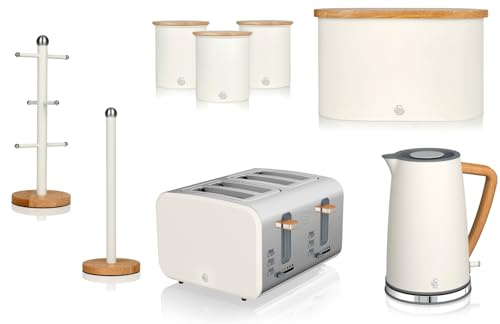 Swan Nordic White 1.7L Jug Kettle, 4 Slice Toaster, Bread Bin, Canisters, Mug Tree & Towel Pole Set. Scandinavian Inspired Design Matching Kitchen Set of 8 in Cotton White