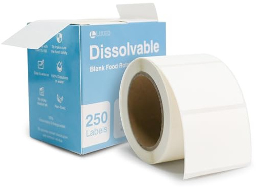 L LIKED 40 x 30mm Blank White Dissolvable Labels for Food Rotation Prep (250 Labels, 1 Roll)