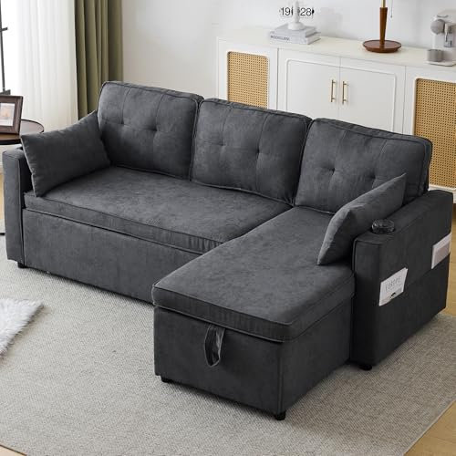 Laxnb 3-in-1 Convertible Sofa Bed with Storage Chaise, L-Shaped Sofa Bed with Sleeper Function, Sleeper Sofa Couches with Cup Holders Pillows and Pocket, Pull Out Daybed for Living Room Office (Grey)