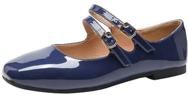 MISSUIT Women's Patent Leather Mary Jane Flats Double Strap Square Toe Ballet Pumps(Navy,5)