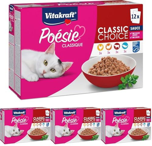 Vitakraft Poésie Classique, Nassfutter für Katzen, im Multipack, mit Huhn, Truthahn und Rind, mit Lachs mit MSC-Siegel, ohne Zusatz von Zucker und Getreide, Vorratsgröße (1 Paket mit 12x 85g)