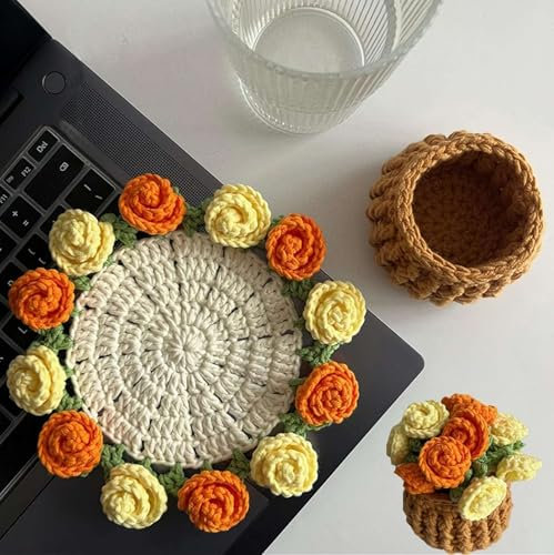 Häkelblumen-Untersetzer, handgefertigt, Vintage-Stil, gehäkelter Blumenstrauß-Material-Pack, gehäkelter Blumentopf-Untersetzer für Getränke mit Blumentopfhalter, weiche dekorative Untersetzer