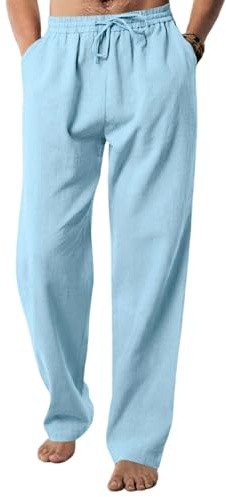 EndoraDore Pantaloni Uomo Lino e Cotone Taglio Dritto Comodo Elasticizzato Casual Chino Tasca Laterale Azzurro M