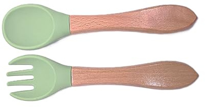 Ensemble couverts - cuillère et fourchette pour enfant - bois et silicone - personnalisé (plusieurs coloris disponibles) (Vert)