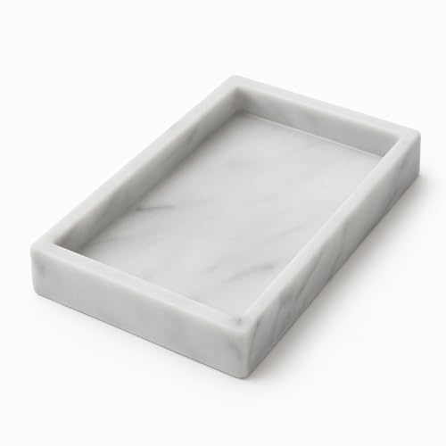 Bandeja de mármol blanco 25 x 15 cm – Rectangular, elegante y compacta – Diseño moderno para baño, cocina, salón – Porta perfumes, joyas, velas – by KALU Creations