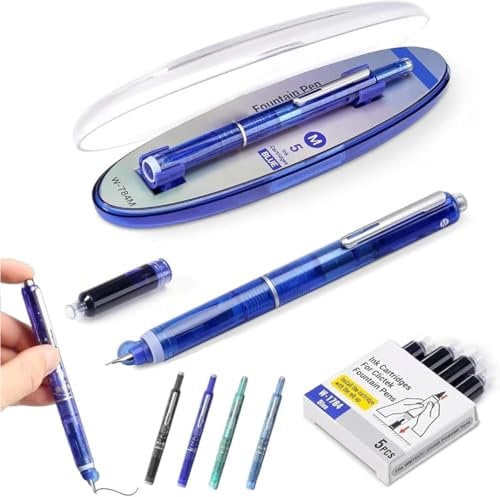 Figskey Protectivemethod Fountain Pen Retractable 0.38mm, Blue&black Ink Medium Nib Transparent Barrel, Includes 5 Refillable ink Cartridges,for Smooth Writing No Leaking (Dark Blue(Black Ink))