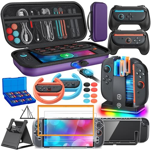 Switch 2 Zubehör, [Lade innen] Tasche Bundle für Switch 2 Konsole(Violett) | FYOUNG 22-in-1-Set: Tragetasche, Controller-Ladestation, Schutzhülle, Griff für Joy Con, Lenkrad für Mario Kart