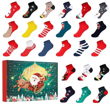 Weihnachtssocken 2025 für Erwachsene, 24-Tage-Countdown-Socken-Set mit lustigen Designs, Urlaubsparty-Geschenk für Männer, Frauen, Teenager & Familie