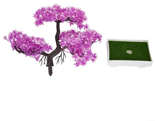 Künstlicher Bonsai-Baum mit Kunststoffblättern und realistischem Topf – 20 cm hohe künstliche Blume für Zuhause, Büro & Wohnzimmer Dekor (lila rot)
