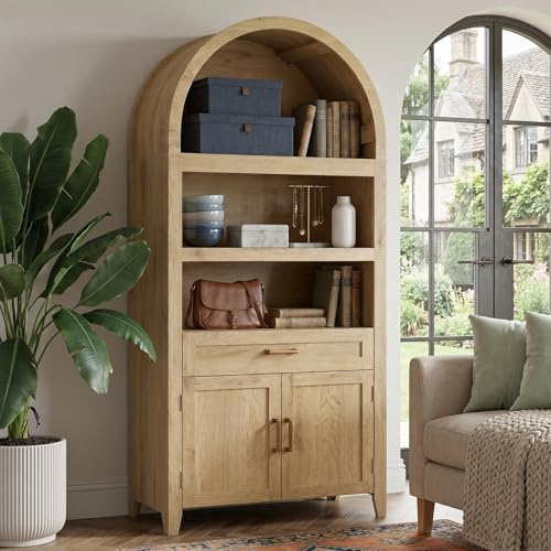 LNRLZYLS Bücherschrank mit Türen und Schublade, 165 cm in Holzoptik | Hohes Bücherregal im Landhausstil mit Rundbogen, Standregal mit 5 Ebenen für Wohnzimmer, Arbeitszimmer und Küche, Eiche