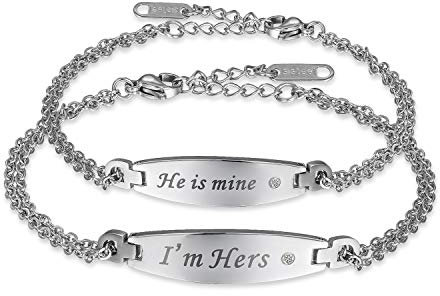 JewelryWe Schmuck 2pcs Paar Partner Armband, Lieben Freundschaftsarmband Valentinstag Pärchen Geschenk, I'm Hers & He is Mine, Edelstahl, Silber, kostenlos Gravur