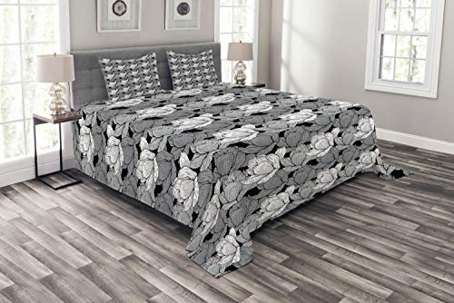ABAKUHAUS Schwarz und Grau Tagesdecke Set, Asiatischer Lotus, Set mit Kissenbezügen Sommerdecke, für Doppelbetten 264 x 220 cm, Weiß Schwarz Grau