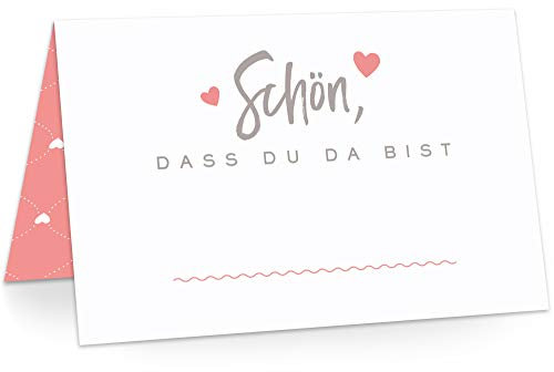 Tischkarten Platzkarten Namenskarten für Hochzeit Geburtstag Feier Taufe Kommunion Konfirmation Firmung Jugendweihe, 50 Stück Premium Qualität, Herzchen-Dekor, Coral Love (Rot)